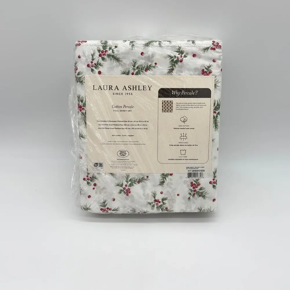 Laura Ashley Berry Bright Holly Berries Christmas Holiday 4pc FULL Sheet Set NEW